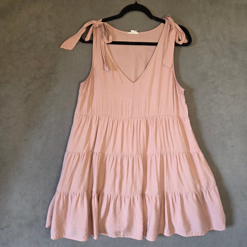 Blu Pepper Tiered Babydoll Dress Women's Large Pink Tie Shoulder Boho Coquette